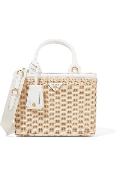 prada midollino small leather-trimmed canvas and wicker tote